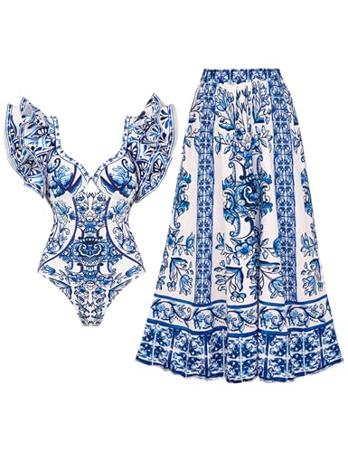 FLAXMAKER Blue & White Porcelain Pattern One-Piece Swimsuit with Skirt - Medium, Ruffle Design