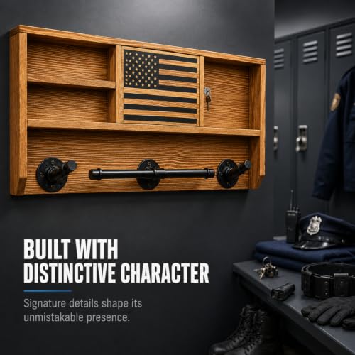 GUTE Police Wall Mounted Tactical Gear Rack with Blue American Flag & Lock - Law Enforcement Organizer