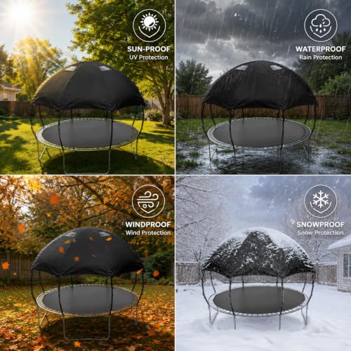 Black 14ft Waterproof Trampoline Cover with PVC Skylight & Support Poles - Heavy Duty