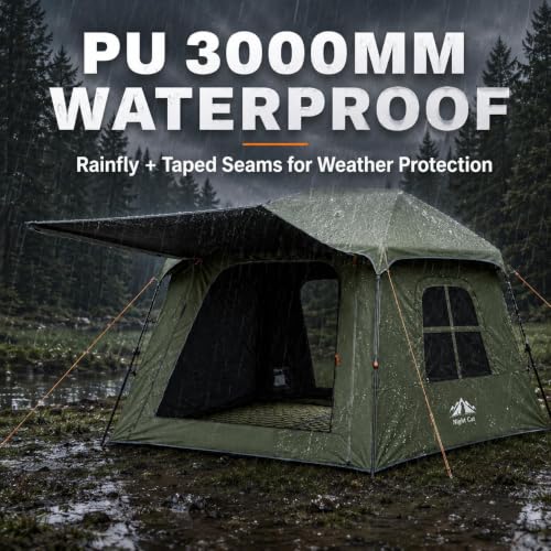 Night Cat 4-Person Green Pop Up Camping Tent with Vestibule & Rainfly, Waterproof