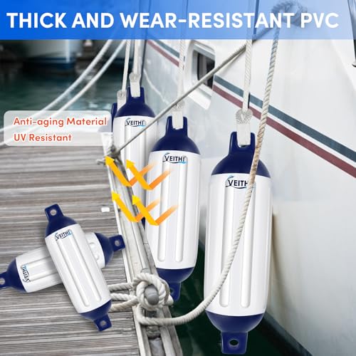 6.5 x 23 Inch Boat Fenders Set - White & Blue Vinyl Docking Bumpers with Ropes & Pump