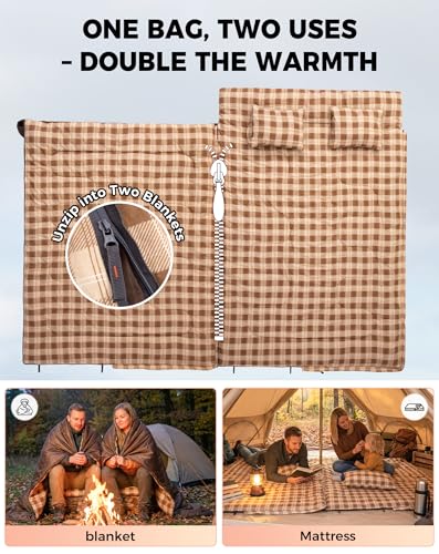 KingCamp Double Sleeping Bag for Adults - Queen Size, Coffee, 2 Person