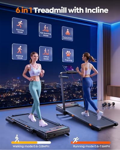 Foldable Under Desk Treadmill with 15% Auto Incline & Handle Bar - Blue Orange