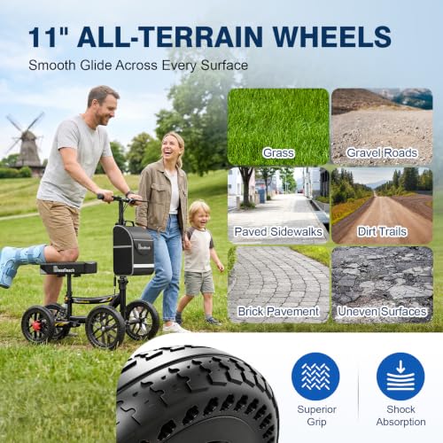 BlessReach All Terrain Knee Scooter for Adults - Shiny Black, 11” Big Wheels, 300 lbs