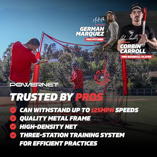 PowerNet Red Triple Threat Baseball & Softball Training Net - 3 Station Batting, Pitching & Hitting Practice, 7' x 7' Collapsible Net