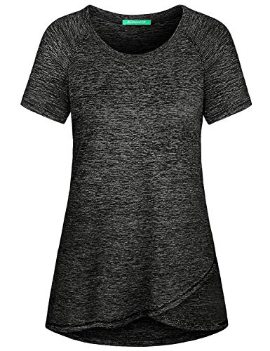 Women’s Yoga Workout Shirt - Raglan Sleeve, Round Neck, Irregular Hem, Black, X-Large