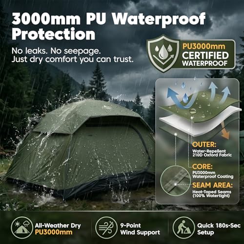 Purebox 4 Person Camping Tent Green with 2 Doors & Rainfly - Extra Spacious
