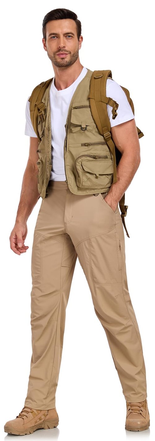Mens Work Pants Lightweight Breathable Cargo Hiking Pants Outdoor Waterproof Quick Dry Stretch Tactical Travel Trekking Pants with Zipper Pockets Khaki 36Wx30L