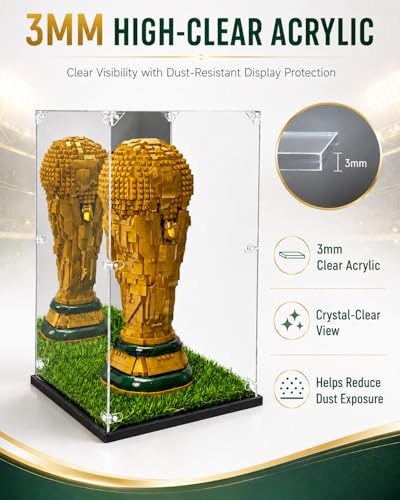 Acrylic Display Case for LEGO 43020 FIFA World Cup Trophy - 10.6 x 10.6 x 16.9 inches, Mirror Back & Turf Base