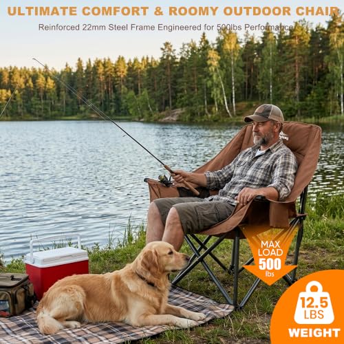 Brown Oversized Heavy Duty Camping Chair for Adults Folding Lawn Seat - 500 lbs Support