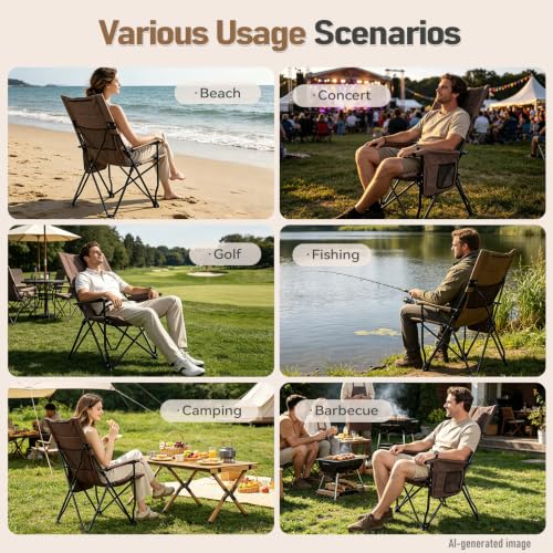 Khaki Portable Folding Camping Chair with High Back and Storage Bag