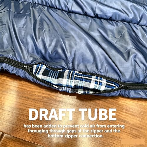 FJALLNOK Queen Size Cotton Flannel Double Sleeping Bag - Blue, 3-Season Warm Camping Bed for Adults