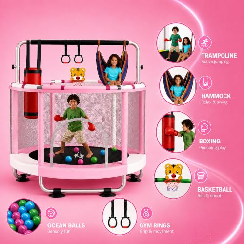 Pink & White 55-Inch Toddler Trampoline for Kids Ages 3-8 Indoor & Outdoor with Basketball & Accessories