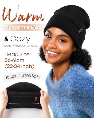 Black Satin Lined Beanie for Women Men Knit Winter Hat Warm Slouchy Skull Cap