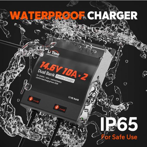 LiTime 2 Bank 12V 10A Waterproof LiFePO4 Battery Charger - 14.6V Output