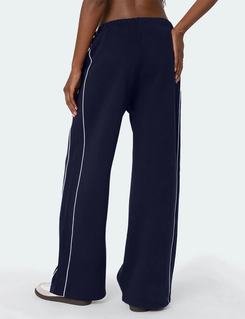 HeSaYep Women's Fleece Lined Sweatpants Wide Leg Baggy Sweat Pants High Waisted Drawstring Cute Sherpa Y2k Pants with Pockets, Navy Blue L