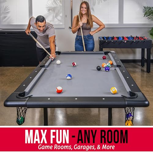 GoSports 6 Ft Foldable Pool Table with Accessories - Black Frame & Gray Felt, Portable Billiards Game