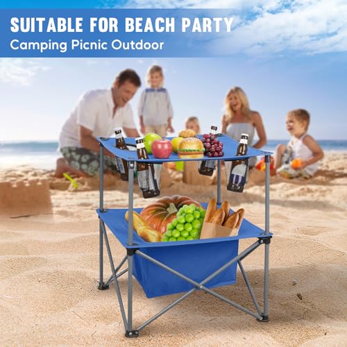 Blue Portable Folding Camping Table with 4 Cup Holders & Storage Case - Lightweight Outdoor Picnic & Tailgating Table