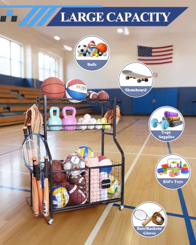 Sports Equipment Organizer with Wheels - Garage Ball Storage, 36 x 16 inches