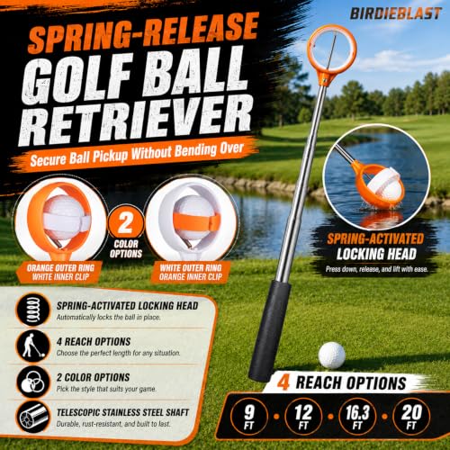 16.3Ft Stainless Steel Telescopic Golf Ball Retriever with Orange & White Handle