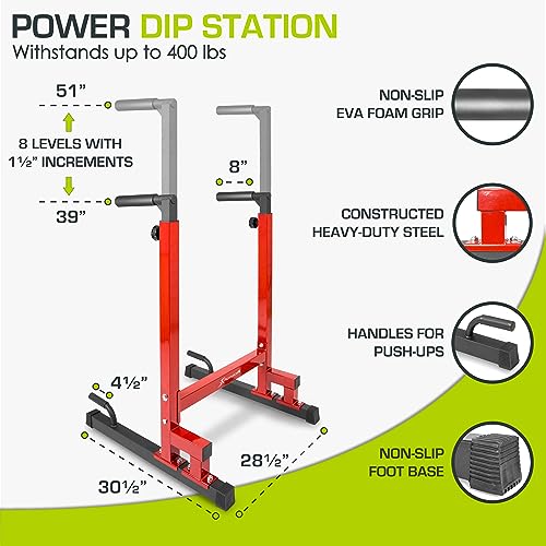 ProsourceFit Red Adjustable Power Dip Station for Upper Body Strength - Home Gym Equipment