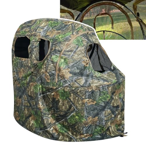 AUSCAMOTEK Woodland Green See-Through Hunting Ground Blind with Built-In Chair - 1 Person Pop-Up Camouflage Tent