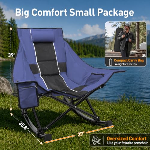Blue Rocking Camping Chair 37 Inch Wide Large High Backfolding & Portable