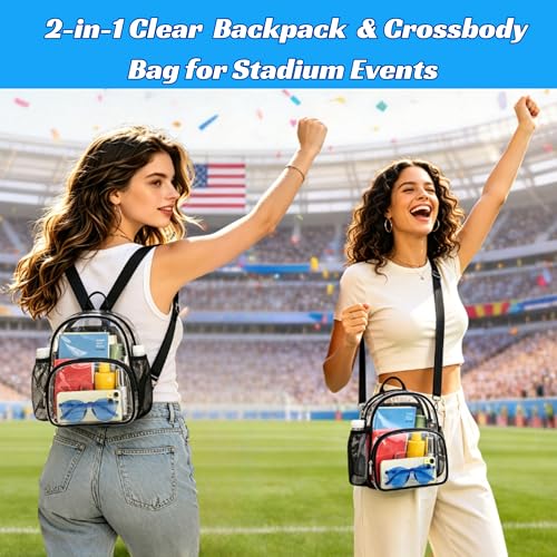 Mini Clear Convertible Backpack - Black for Concerts, Small 2-in-1 Bag