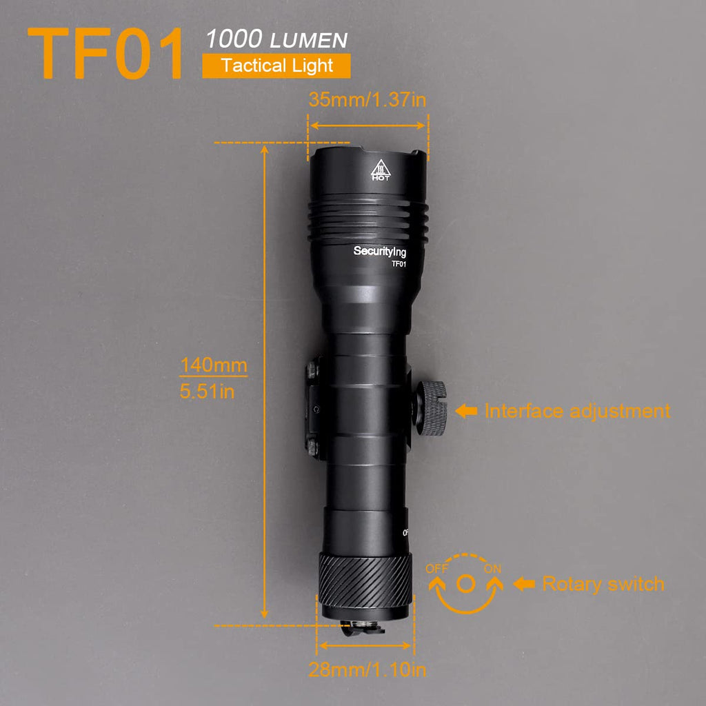 SecurityIng TF01 1000 Lumens SST40 LED Tactical Flashlight with Remote Pressure Switch, Programming 3 Modes Quick Release Weapon Light for MIL-STD-1913 Rails (Without Battery)