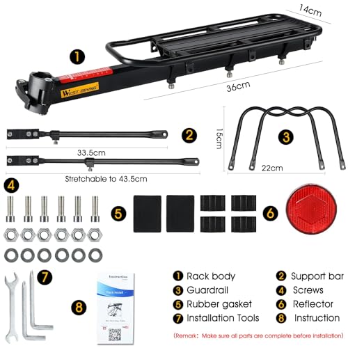 110Lb Capacity Bike Cargo Rack with Reflective Logo - Adjustable Bicycle Luggage Carrier