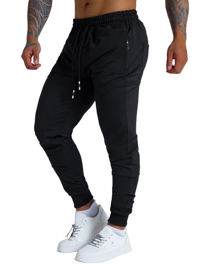 Men's Active Jogger Sweatpants with Zipper Pocket & Drawstring - Black, Large