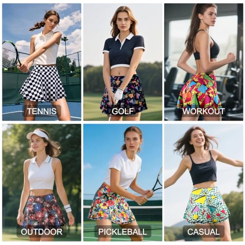 Women's Checked High Waist Tennis Skirt with Shorts Pockets - Small Variation