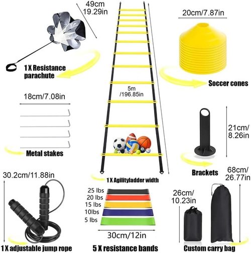 Agility Ladder | 20ft Speed Training Set with 12 Steps, 5 Resistance Bands & Cones for All Ages