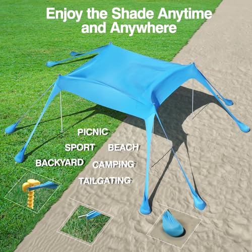 Rhino Valley 10x10 ft Beach Tent Sky Blue UPF50+ Sun Shelter with 8 Sandbags & Poles