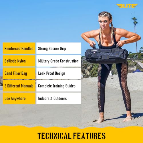 Elite Sports Unfilled Workout Sandbag - Black, 5-25, 25-50, 50-75 lbs - Versatile Strength Training Equipment