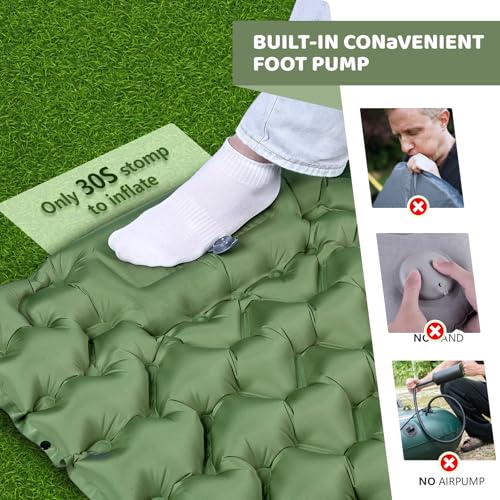 Green 4-Inch Thick Camping Sleeping Pad with Built-in Pillow & Foot Pump