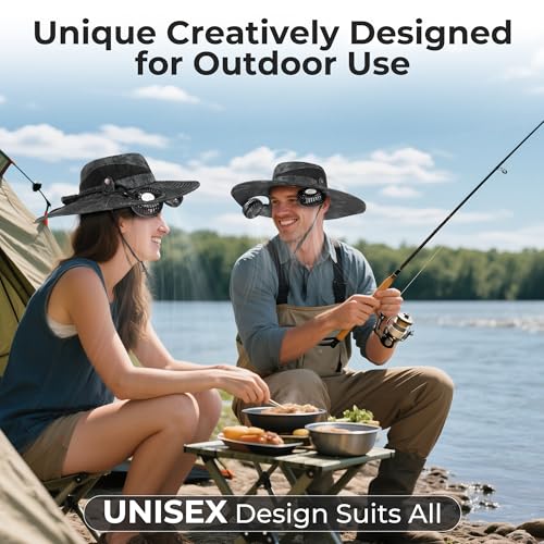 Camo Grey Bucket Hat Fan with UV Protection and Rechargeable Fan - Gifts for Him & Her