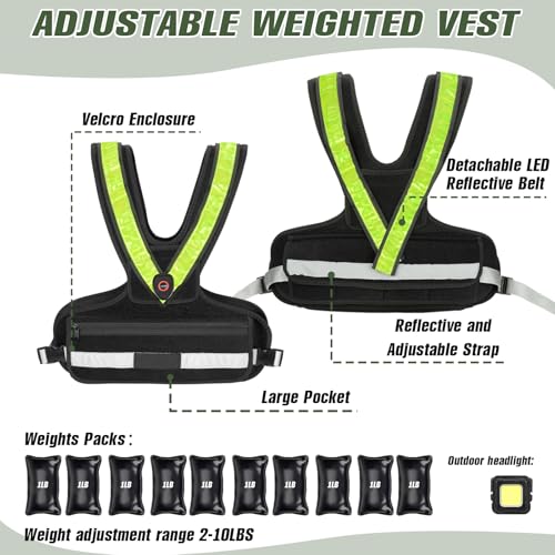 Weighted Vest for Women and Men - 10 lbs Adjustable Fitness Vest with Reflective Strips & LED Sash