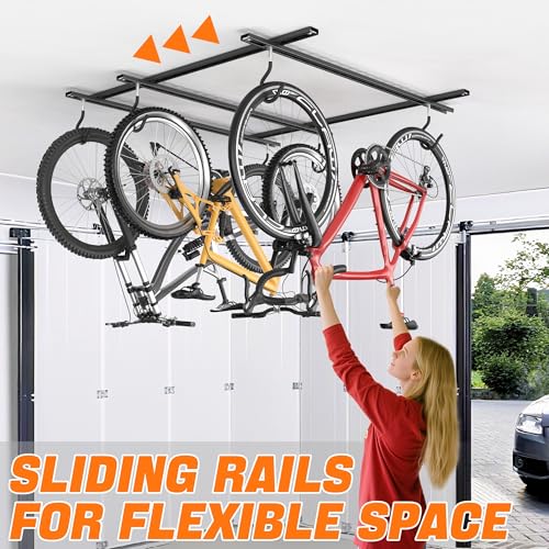 TORACK Ceiling Bike Rack for Garage - 3 Bikes Horizontal, Adjustable Overhead Bicycle Storage Hooks