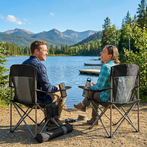 CAMPHILL Black 2-Pack Oversized Mesh Back Camping Chairs with Cup Holder & Side Pocket