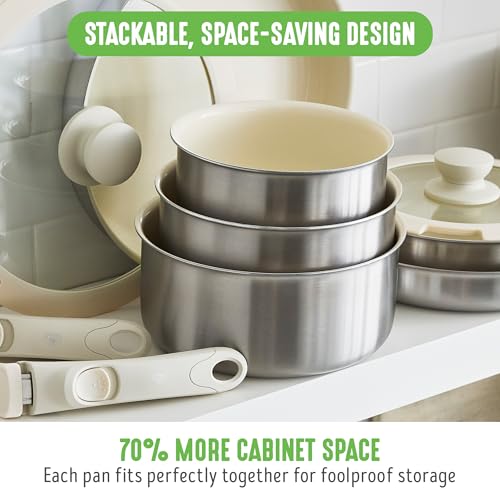 GreenLife Stainless Steel Nonstick 10-Piece Cookware Set with Detachable Handles - Induction Ready, Space Saving, Oven Safe, Glass Lids