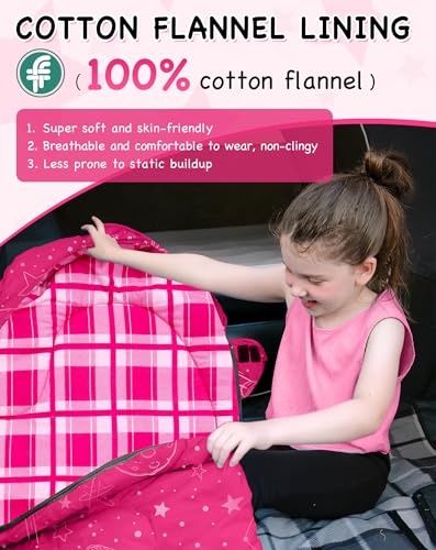 Kids Sleeping Bag RoseRed - 45°F Flannel Child Camping Bed for Ages 10-12