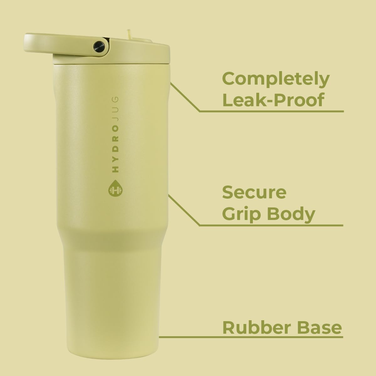 HydroJug Sport - Stainless Steel Tumbler with Straw, Vacuum Insulated, 40oz Leakproof Water Bottle, Ergonomic Design, Reusable, Dishwasher Safe, Rubber Base, Durable for Gym or Outdoors, Olive