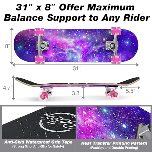 BELEEV Galaxy Purple Complete Skateboard for Kids Teens Adults 31x8in Cruising Trick