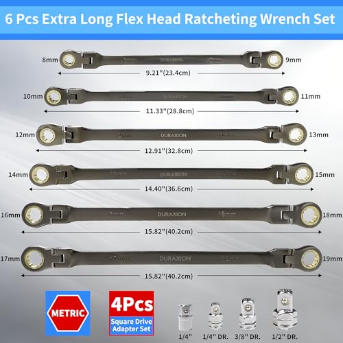 DURAXION Extra Long Flex Head Ratcheting Wrench Set 6PCS Metric (8-19mm)