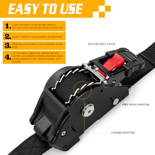 Black Retractable Ratchet Straps 1" x 11.5' 4-Pack, 1,800 lbs Break Strength