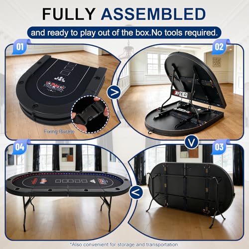 84-Inch Foldable LED Poker Table for 10 Players - Black-Led Variation