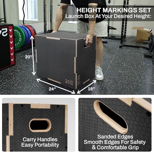 Gray Signature Fitness Wooden Plyo Box Jump Platform - 16x20x24 Inches, Non-Slip, Versatile Workout Equipment