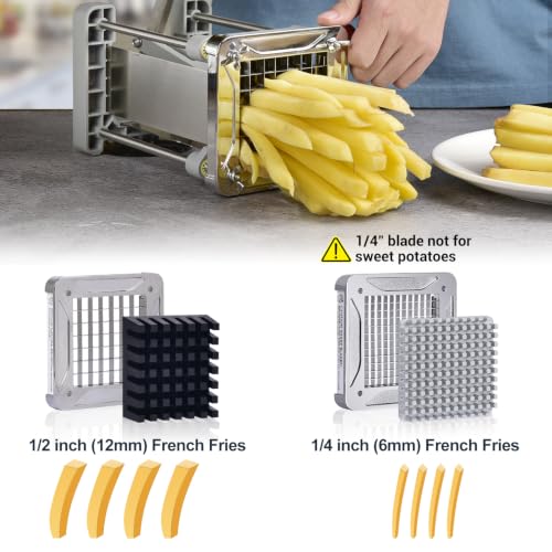 Sopito French Fry Cutter Professional Stainless Steel Potato & Vegetable Slicer 1/2" & 1/4" Blades