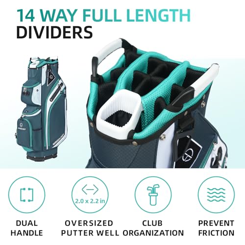 T WINSOLOGY Lightweight Golf Cart Bag with 14 Dividers, 11 Pockets, Cooler, INK BLUE/WHITE/MINT